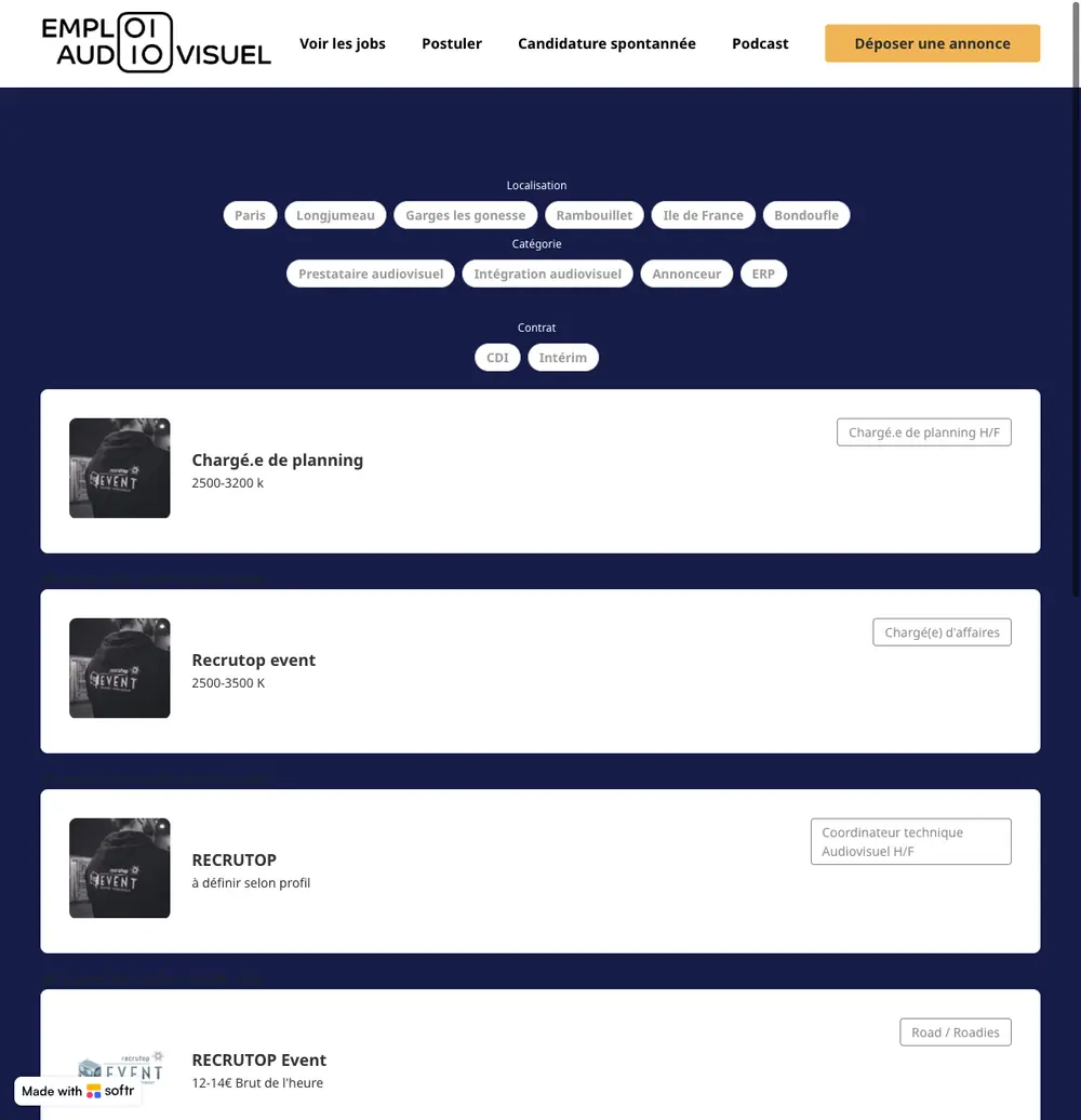 Emploi Audiovisuel job board platform screenshot showing job search interface