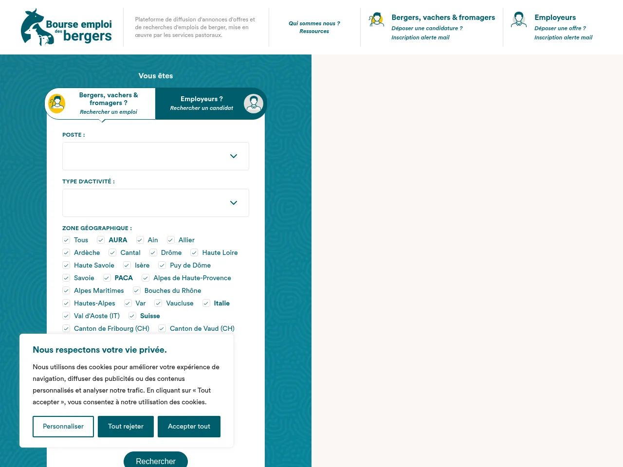 Bourse emploi des bergers screenshot Bourse emploi des bergers job board platform screenshot showing job search interface