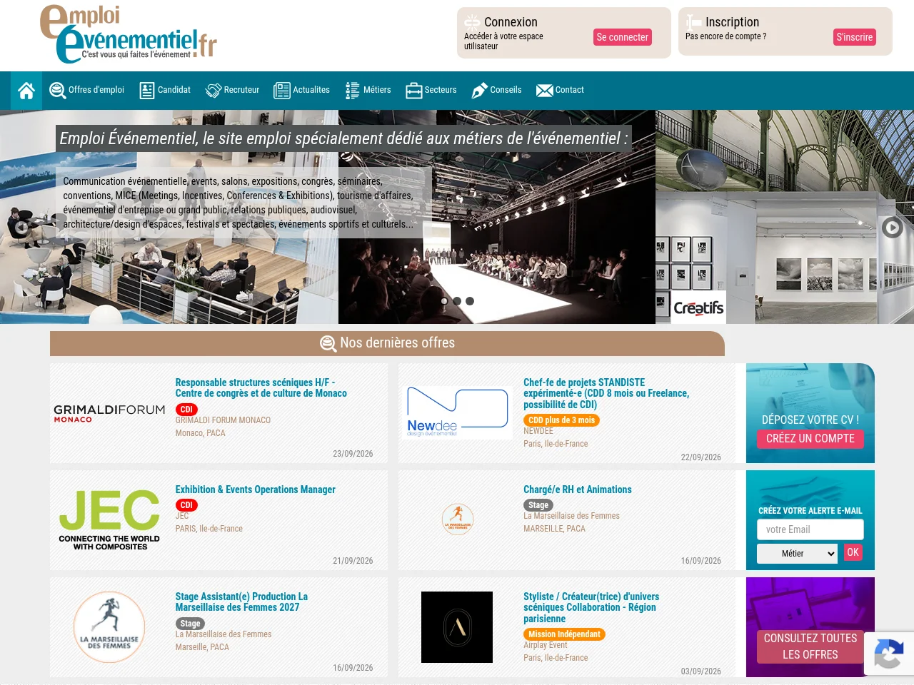 Emploi-Événementiel job board platform screenshot showing job search interface