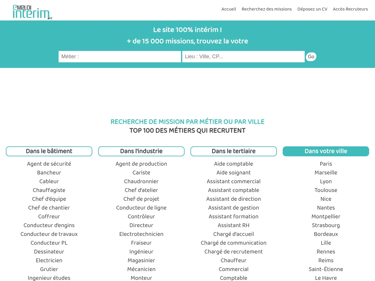 Emploi-Interim.fr job board platform screenshot showing job search interface