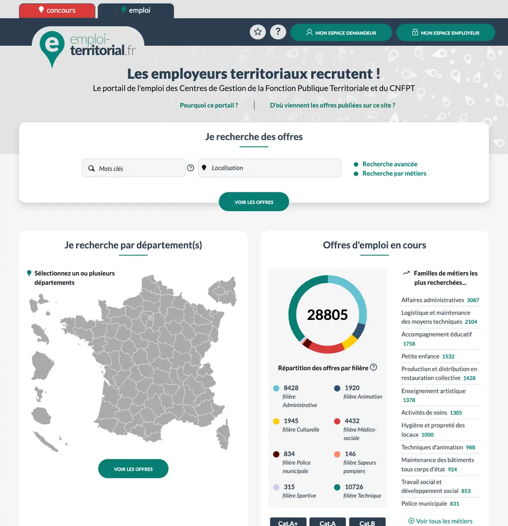 Emploi-Territorial job board platform screenshot showing job search interface
