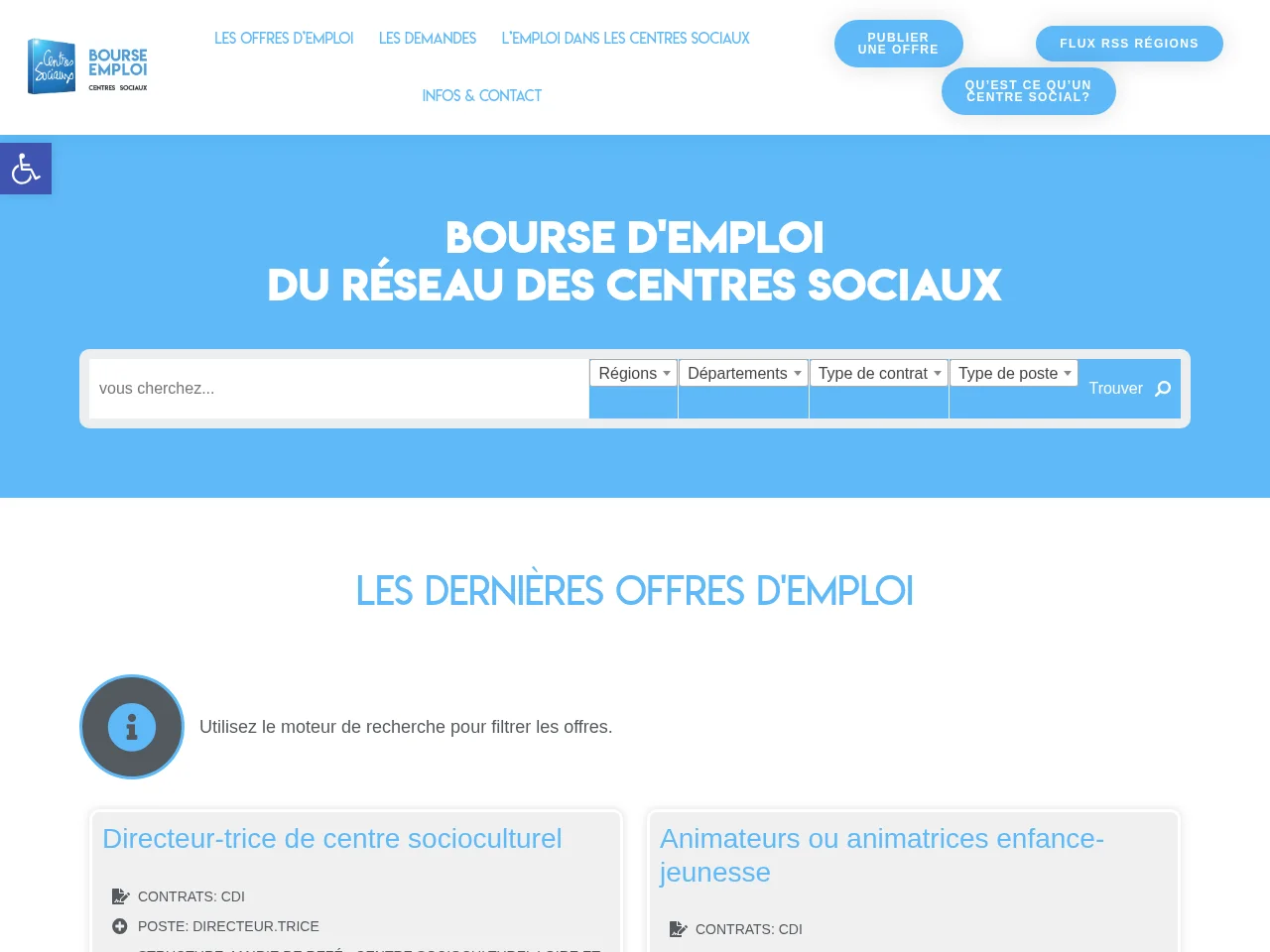 Bourse d'emploi du réseau des centres sociaux de France job board platform screenshot showing job search interface