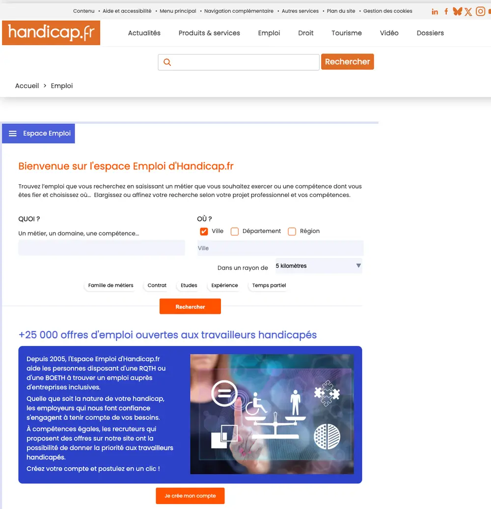 Handicap.fr Emploi job board platform screenshot showing job search interface