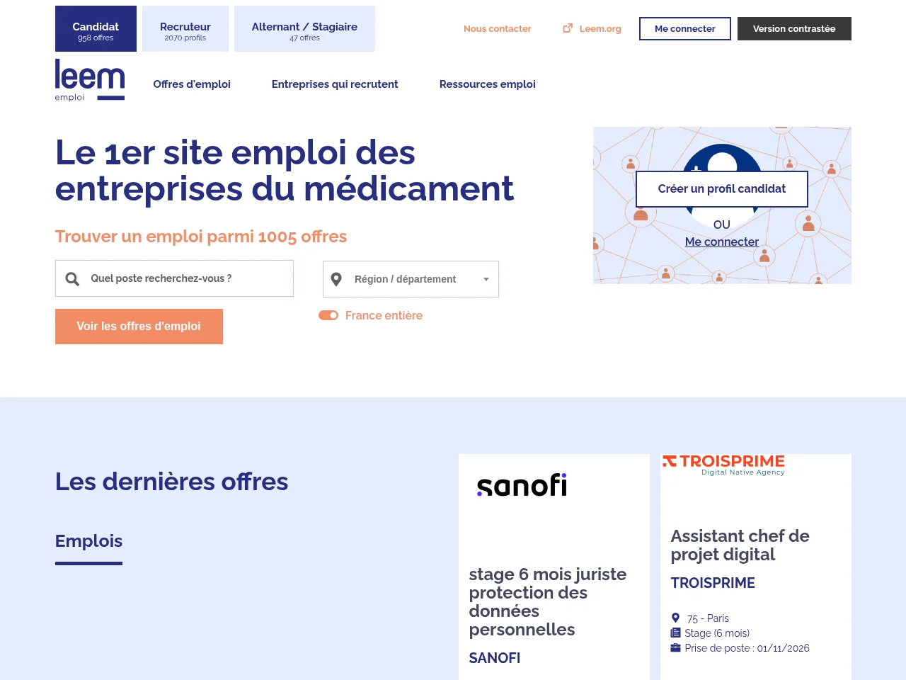 Leem emploi job board platform screenshot showing job search interface