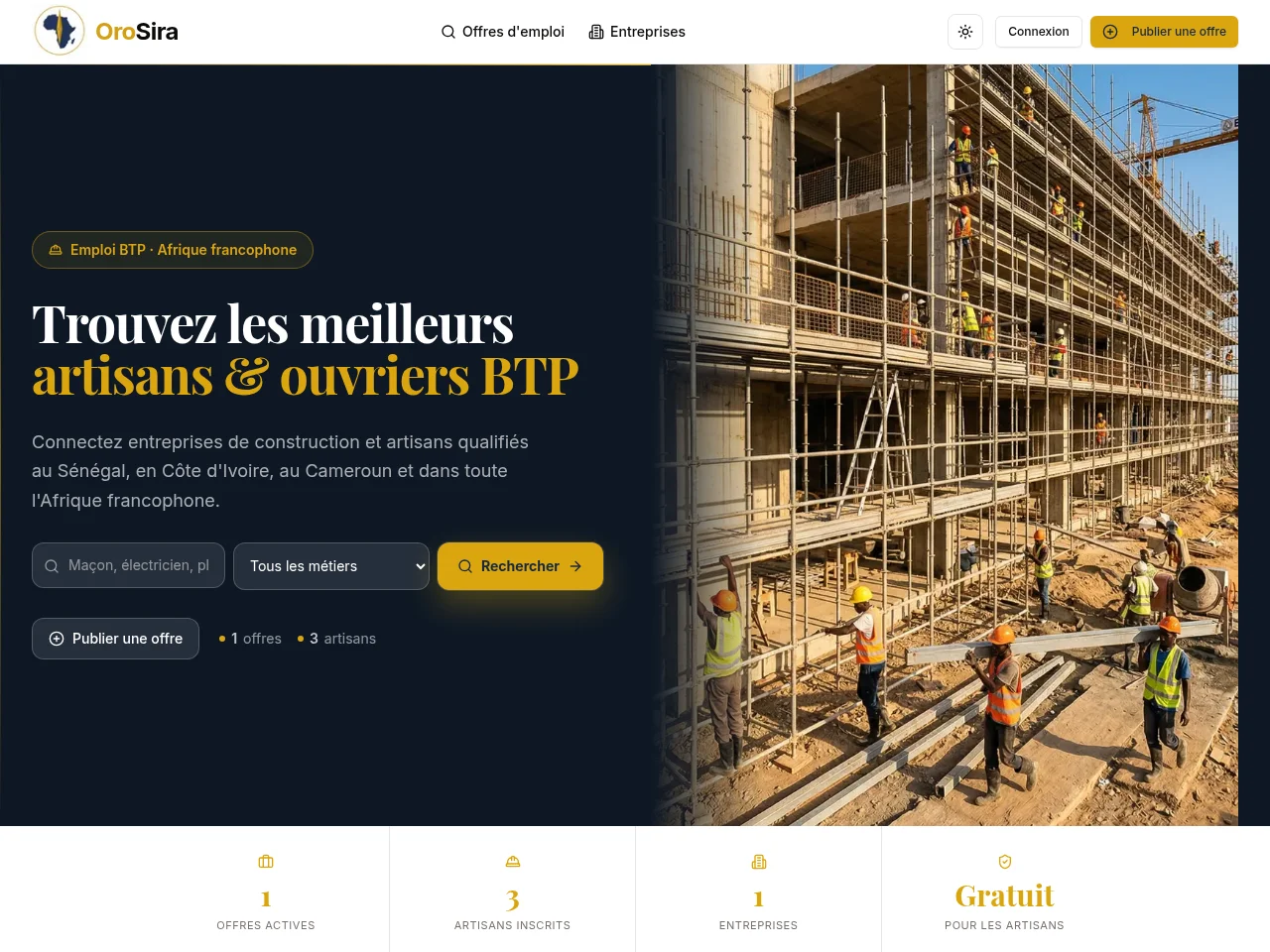 OroSira Emploi job board platform screenshot showing job search interface
