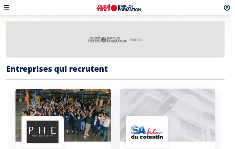 Ouest-France Emploi job board platform screenshot showing job search interface