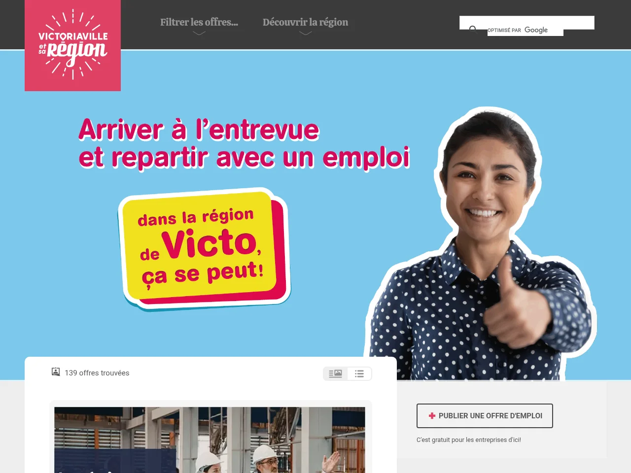 Babillard d'emploi de Victoriaville et sa région job board platform screenshot showing job search interface