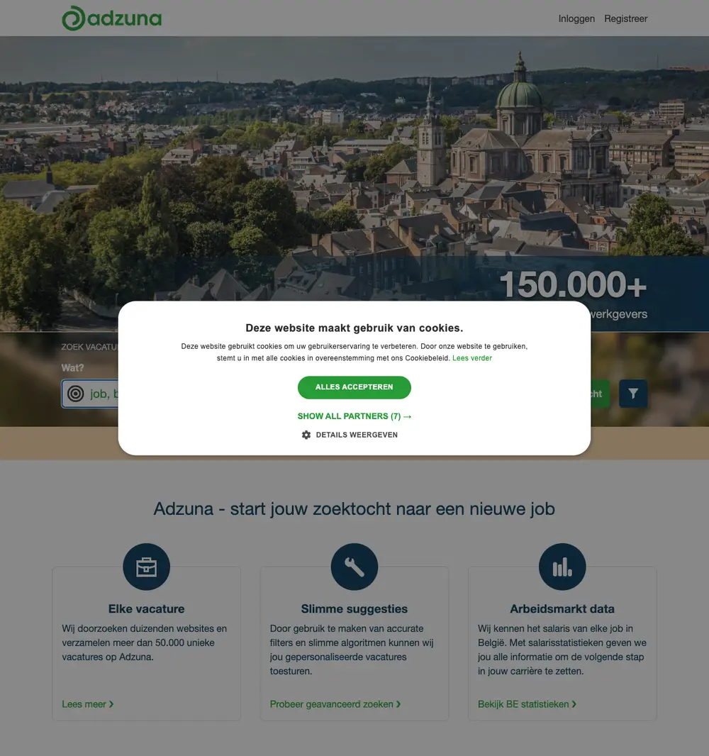 Adzuna job board platform screenshot showing job search interface