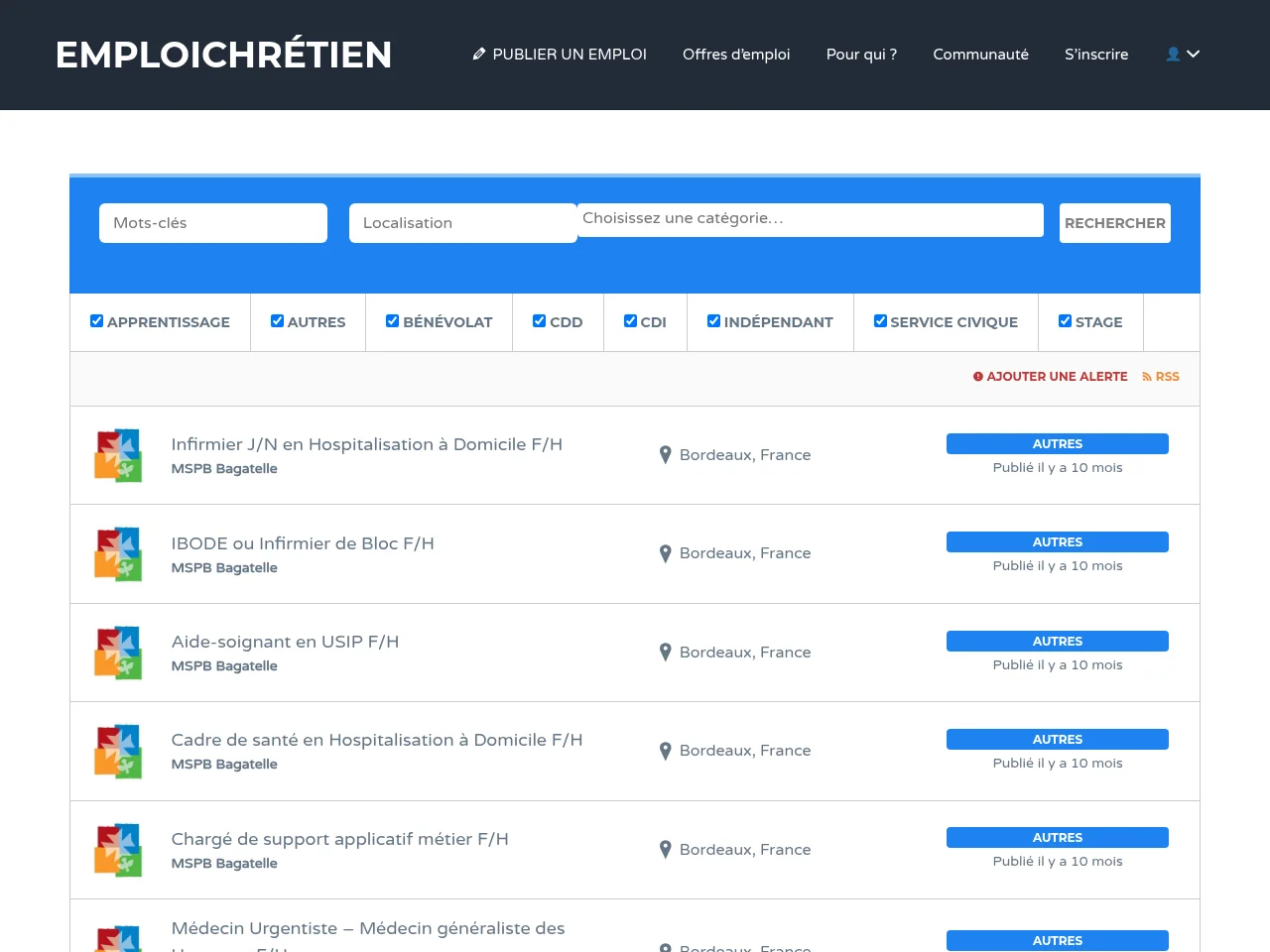 EmploiChrétien job board platform screenshot showing job search interface