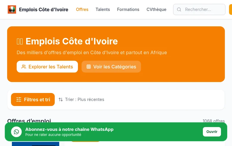 Emplois Côte d'Ivoire job board platform screenshot showing job search interface