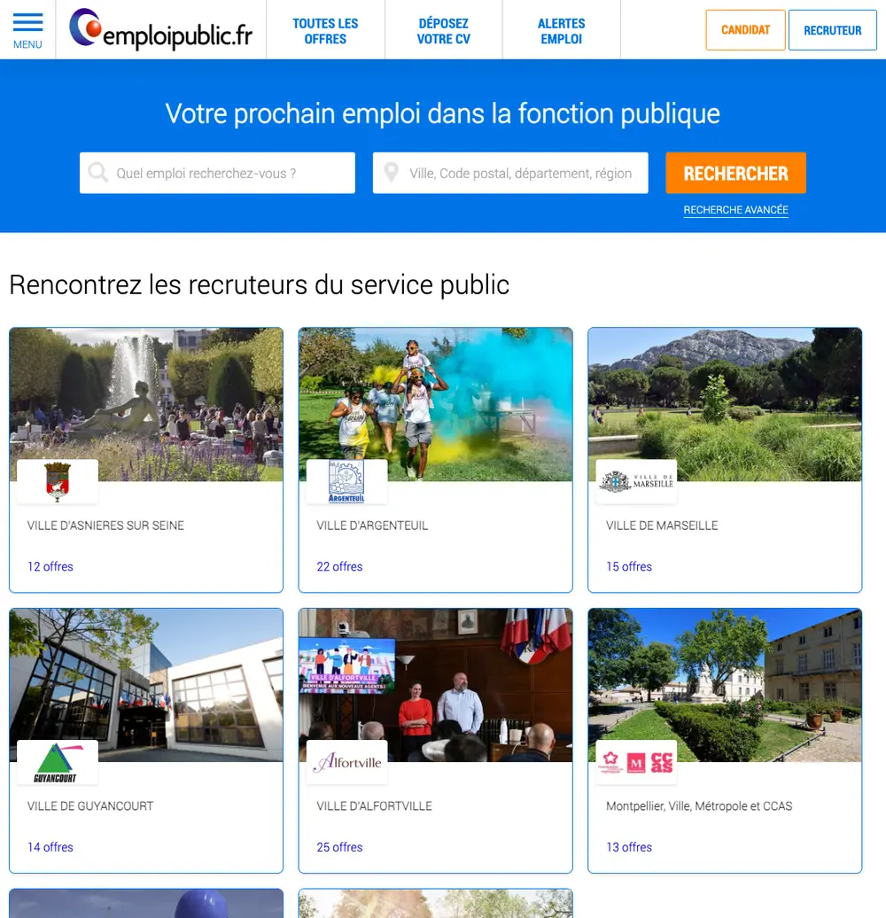 Emploi Public job board platform screenshot showing job search interface