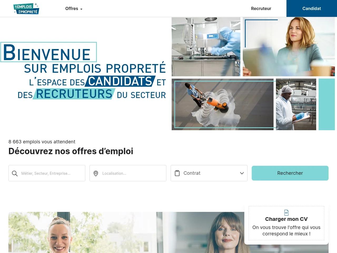 Emplois Propreté job board platform screenshot showing job search interface