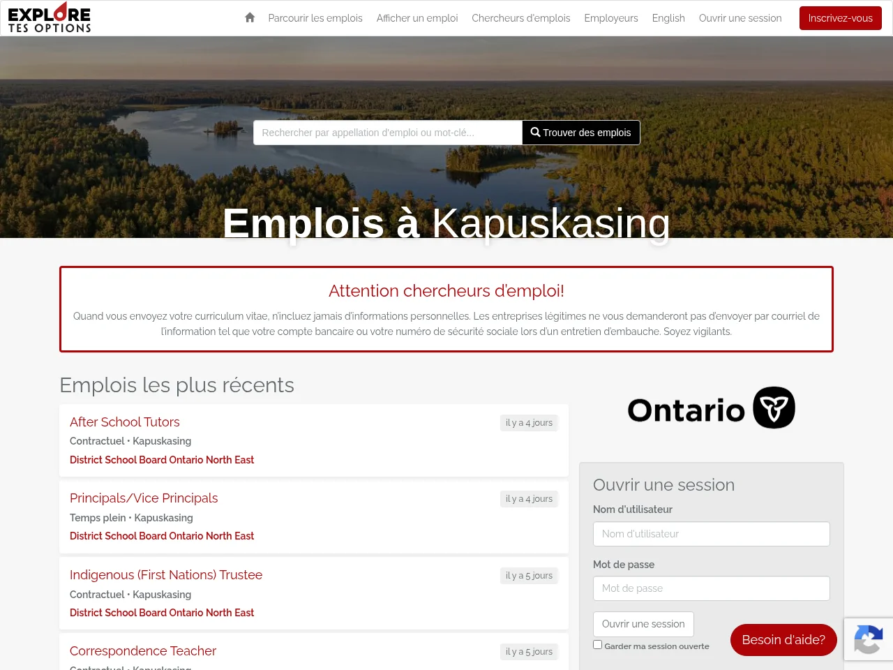 Emplois à Kapuskasing job board platform screenshot showing job search interface