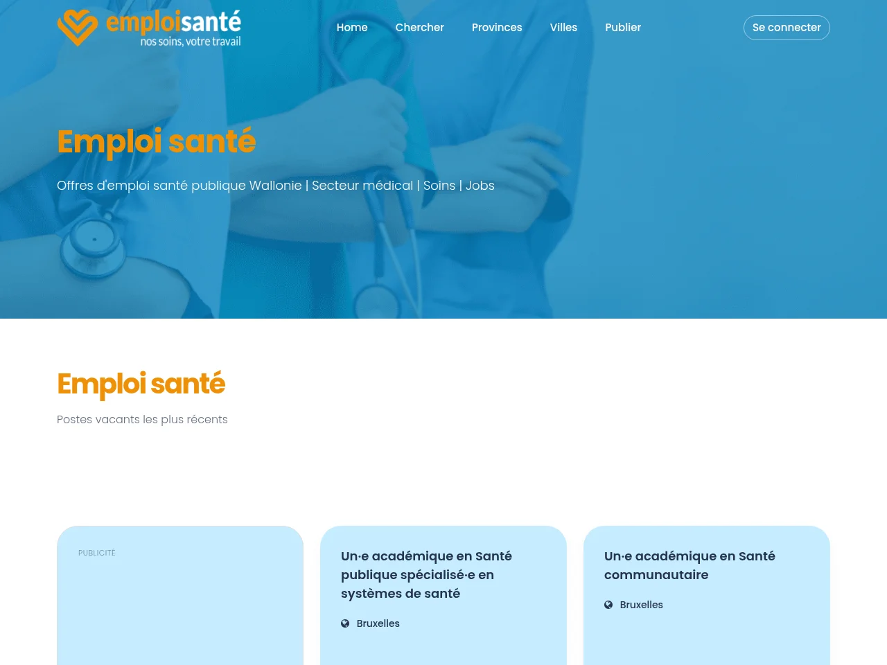Emploi Santé job board platform screenshot showing job search interface
