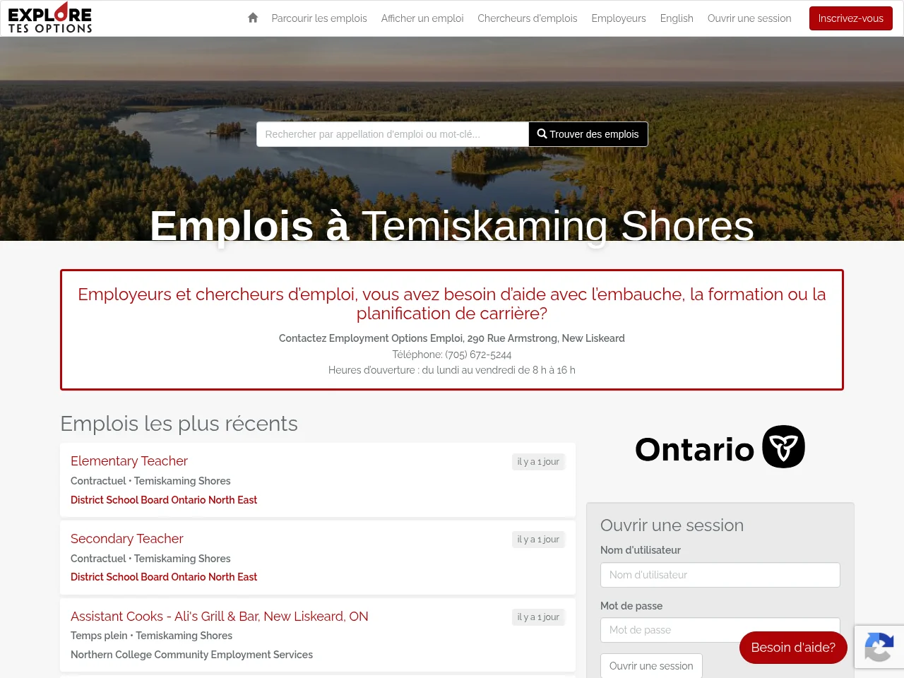 Emplois à Temiskaming Shores job board platform screenshot showing job search interface