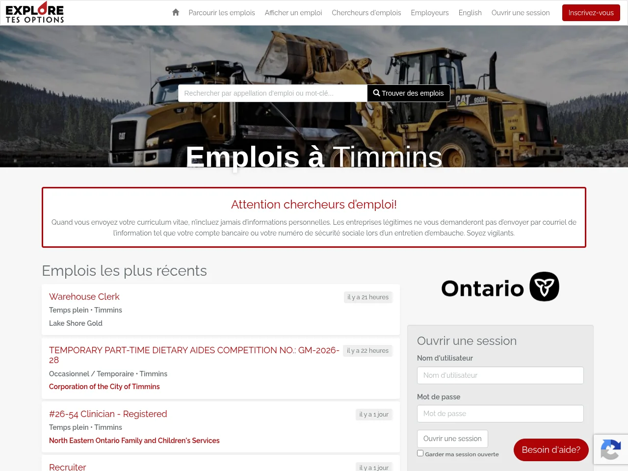 Emplois à Timmins job board platform screenshot showing job search interface