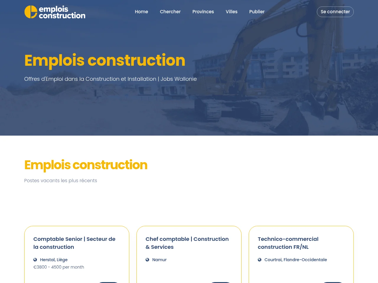 Emplois Construction job board platform screenshot showing job search interface