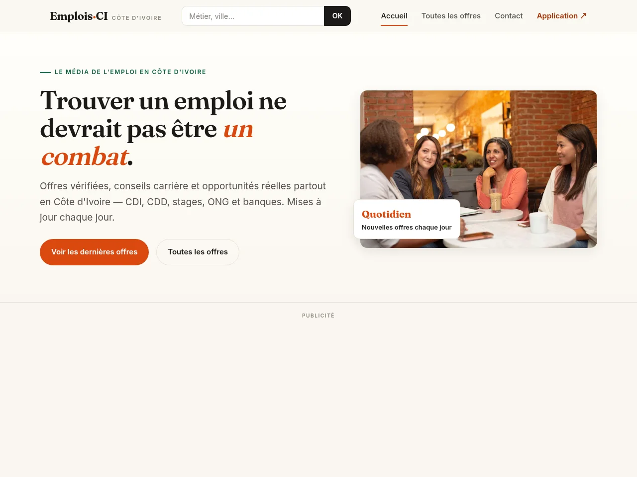 Emplois Côte d'Ivoire job board platform screenshot showing job search interface