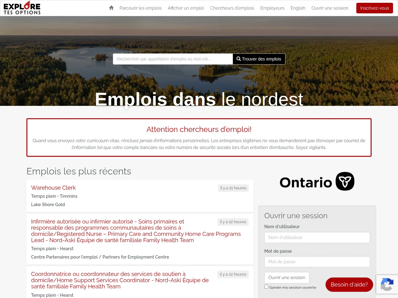 Emplois dans le nordest job board platform screenshot showing job search interface