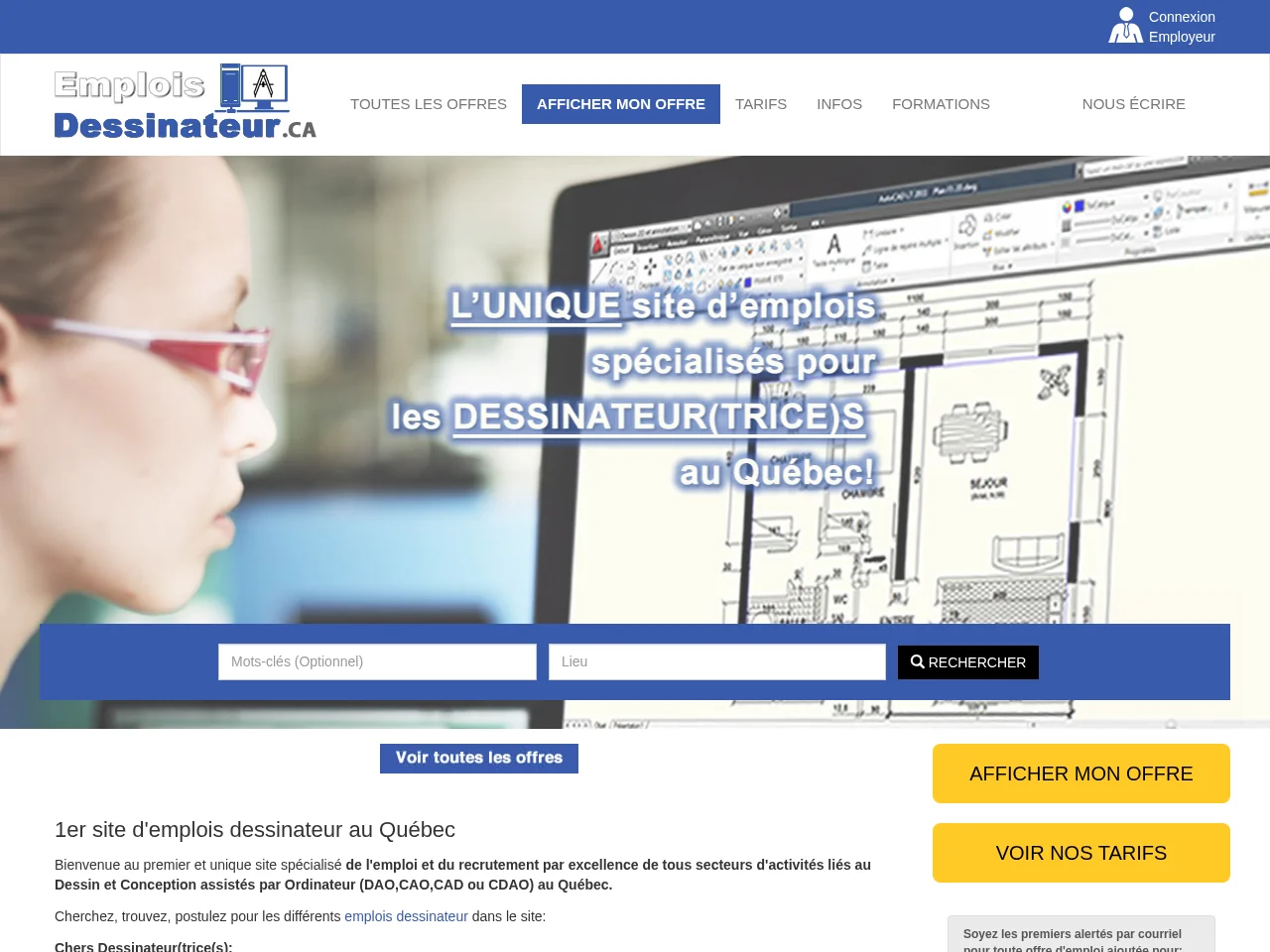 EmploisDessinateur.ca job board platform screenshot showing job search interface