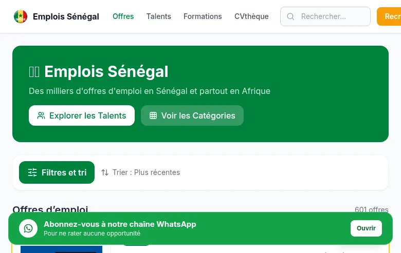 Emplois Sénégal job board platform screenshot showing job search interface