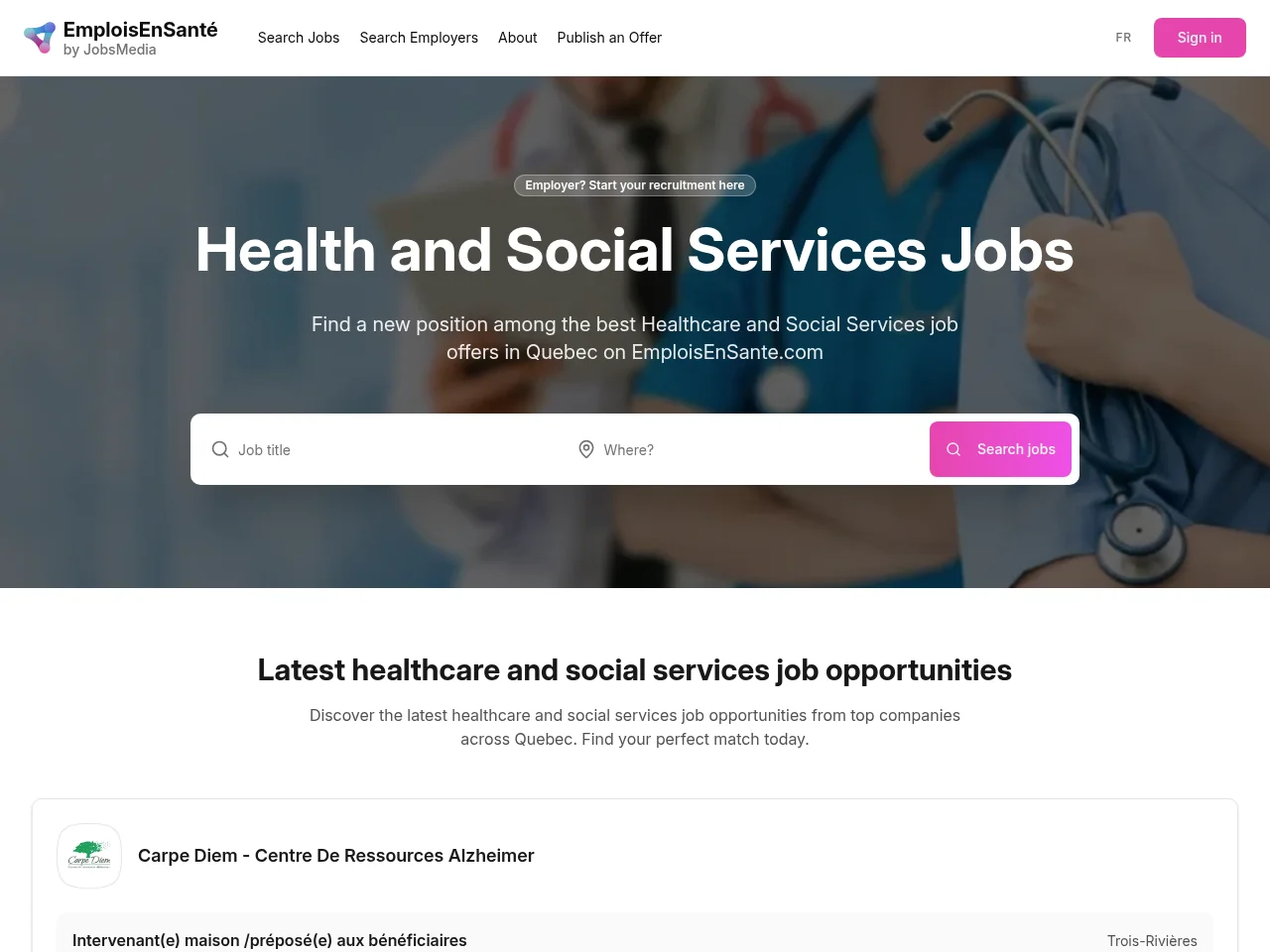 Emplois Santé job board platform screenshot showing job search interface