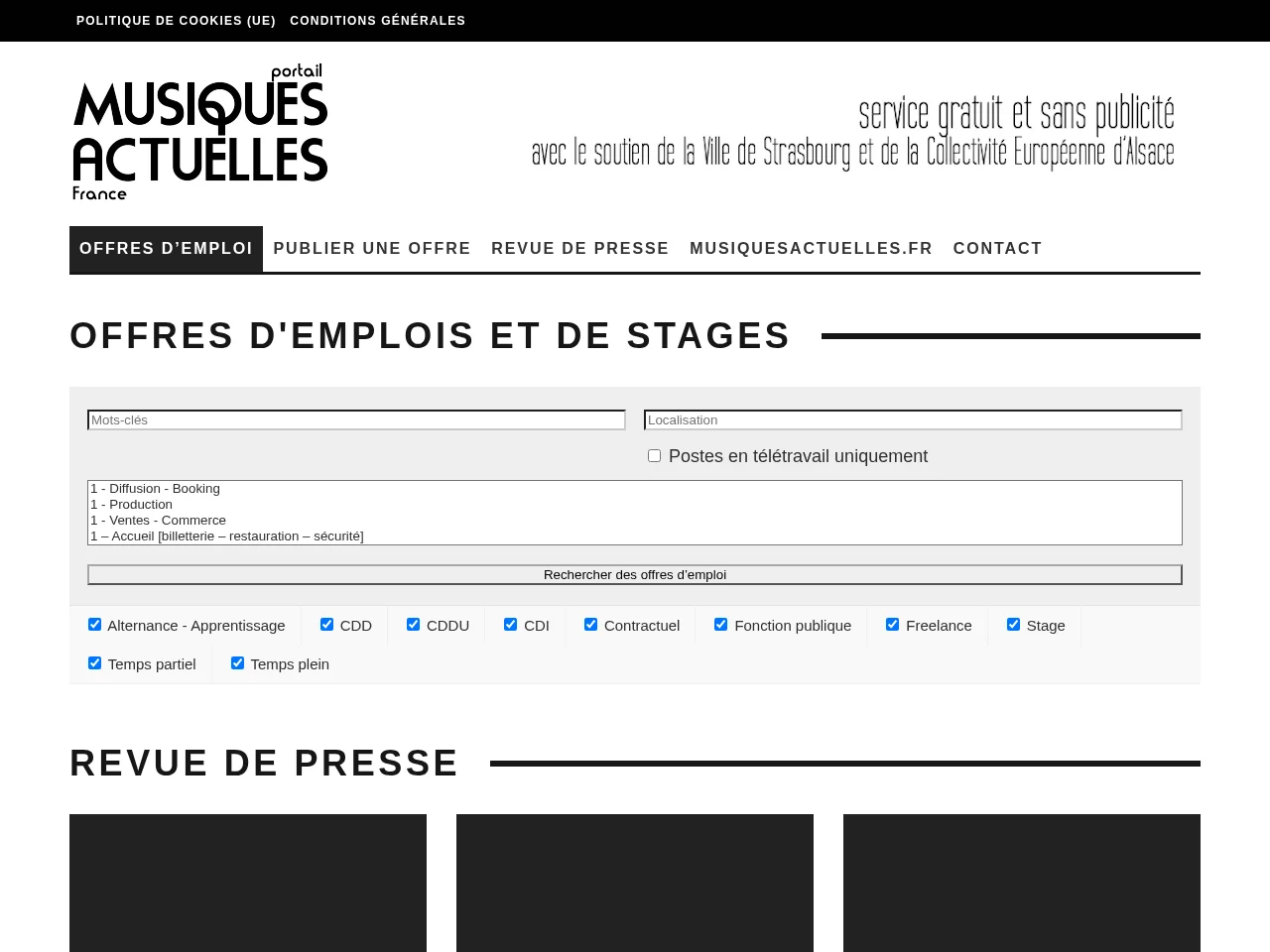 Emplois Musiques Actuelles job board platform screenshot showing job search interface