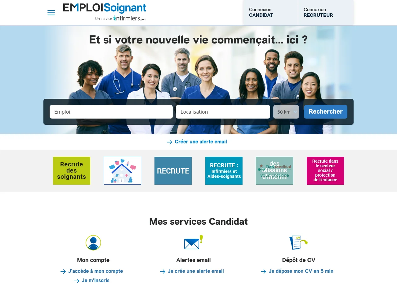 Emploi Soignant job board platform screenshot showing job search interface