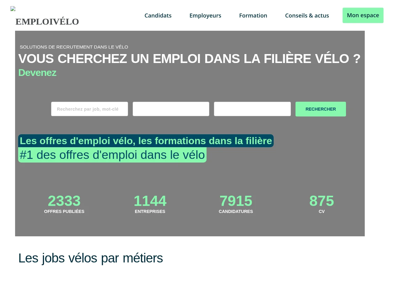 EMPLOI VÉLO job board platform screenshot showing job search interface
