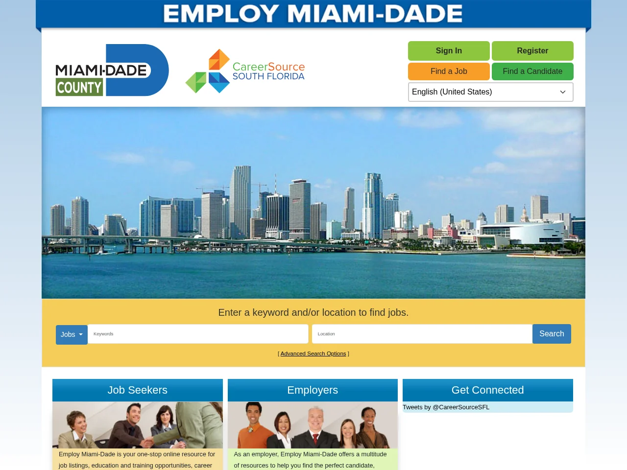 Employ Miami-Dade job board platform screenshot showing job search interface