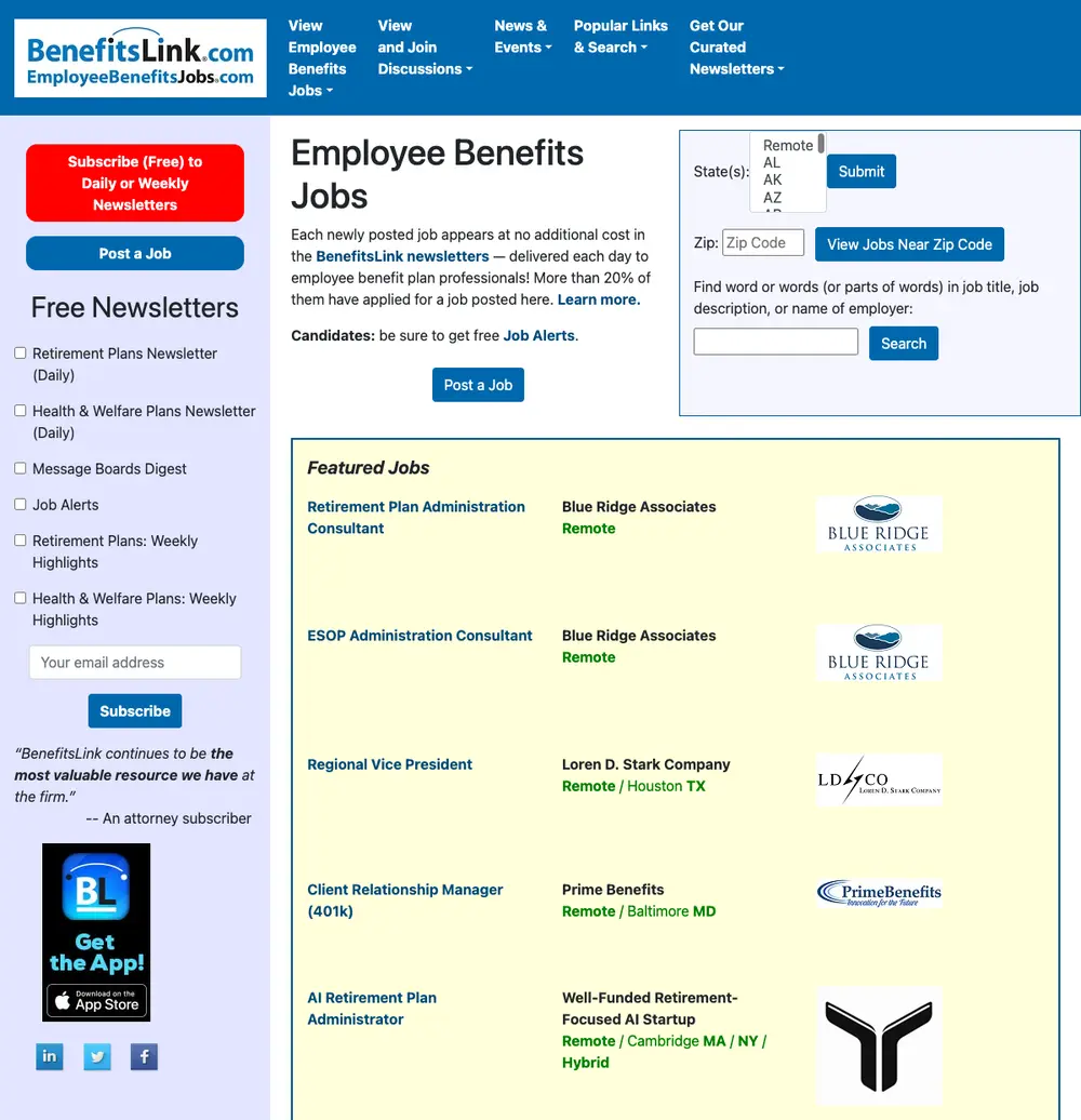 Employee Benefits Jobs screenshot Employee Benefits Jobs job board platform screenshot showing job search interface