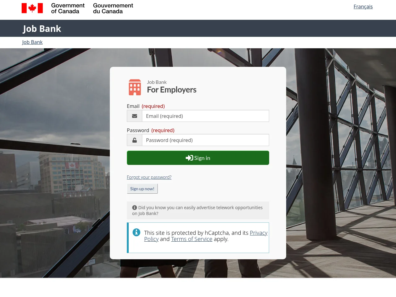 Job Bank job board platform screenshot showing job search interface