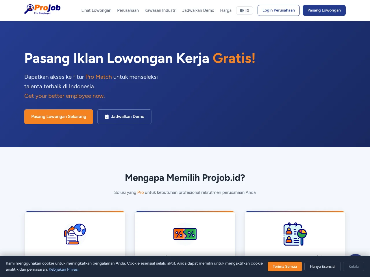 Projob.id job board platform screenshot showing job search interface