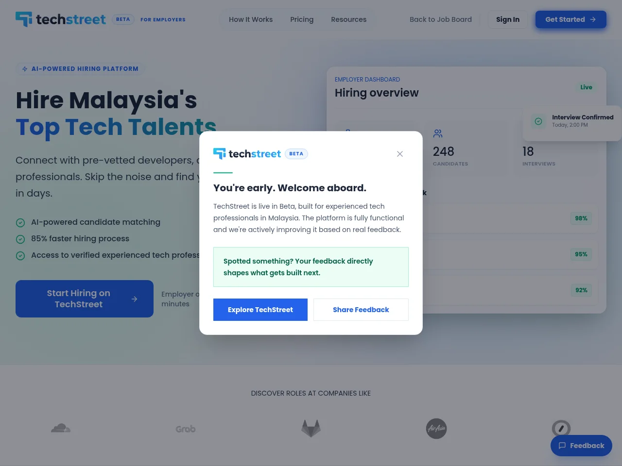 TechStreet job board platform screenshot showing job search interface