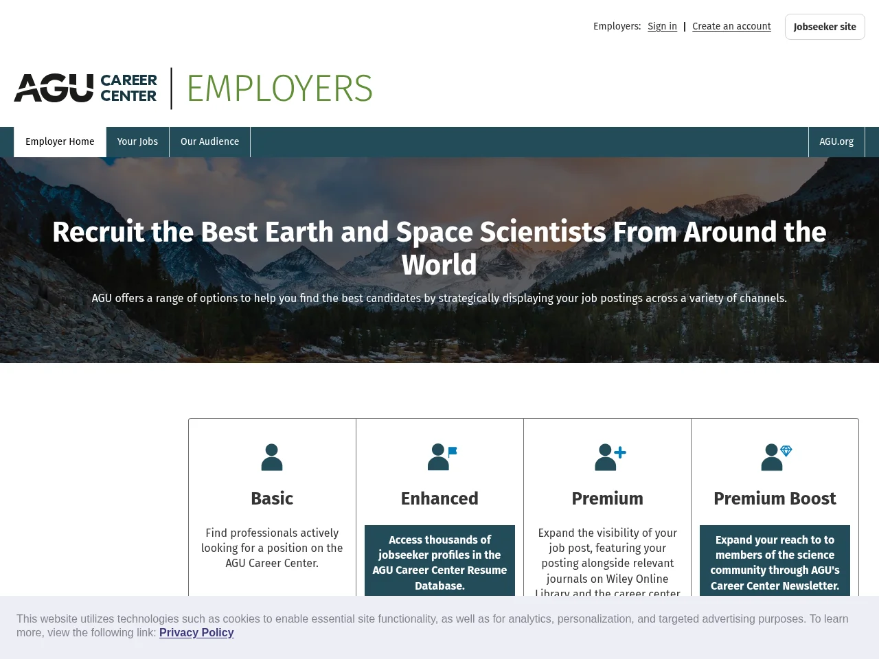 AGU Career Center job board platform screenshot showing job search interface