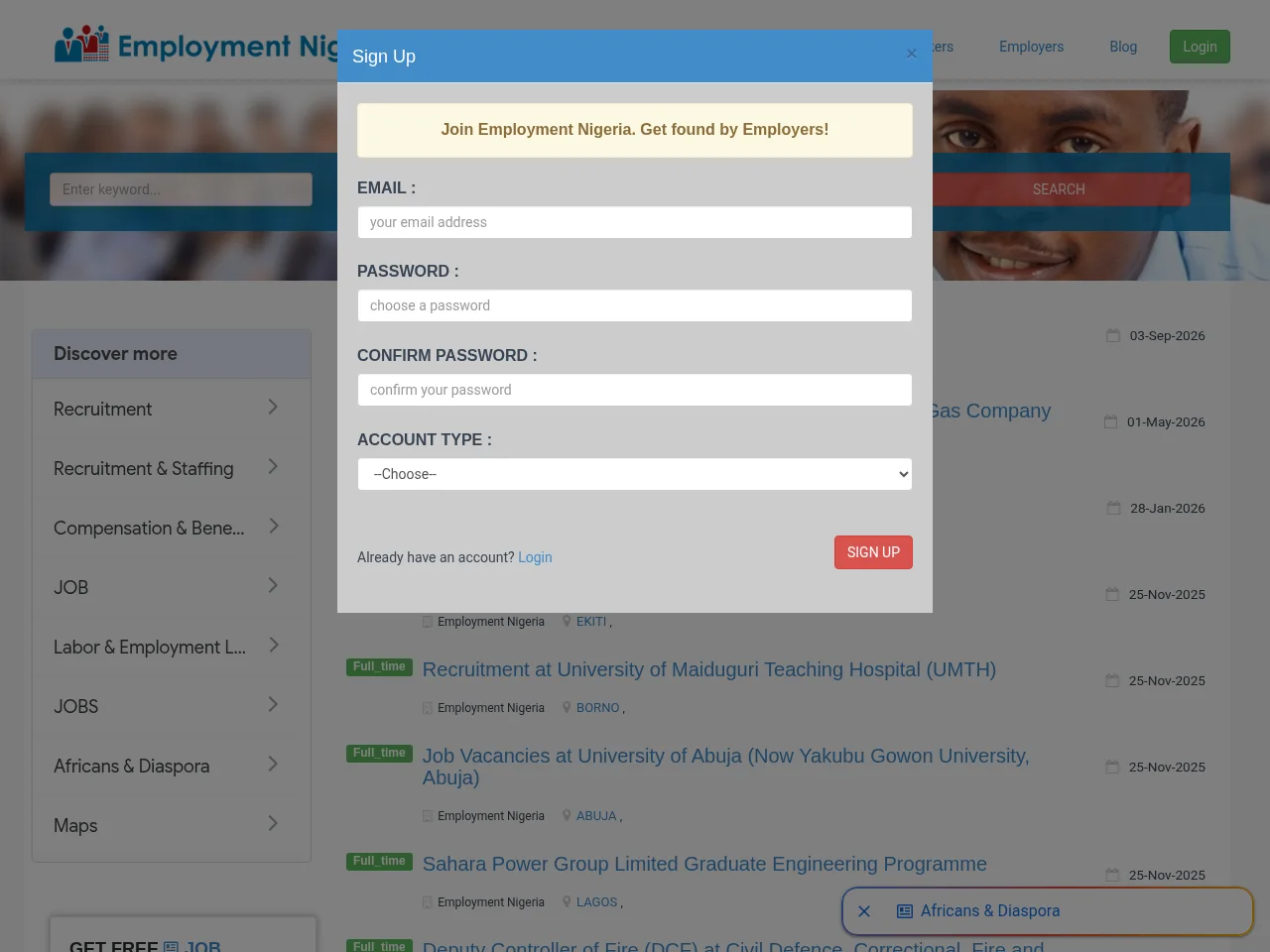 Employment Nigeria job board platform screenshot showing job search interface