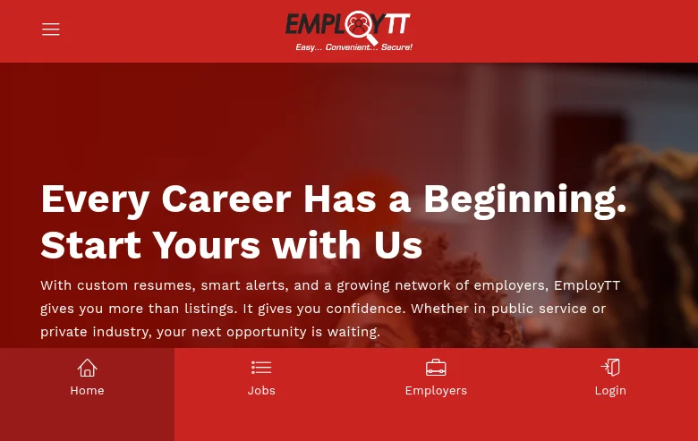 EmployTT job board platform screenshot showing job search interface