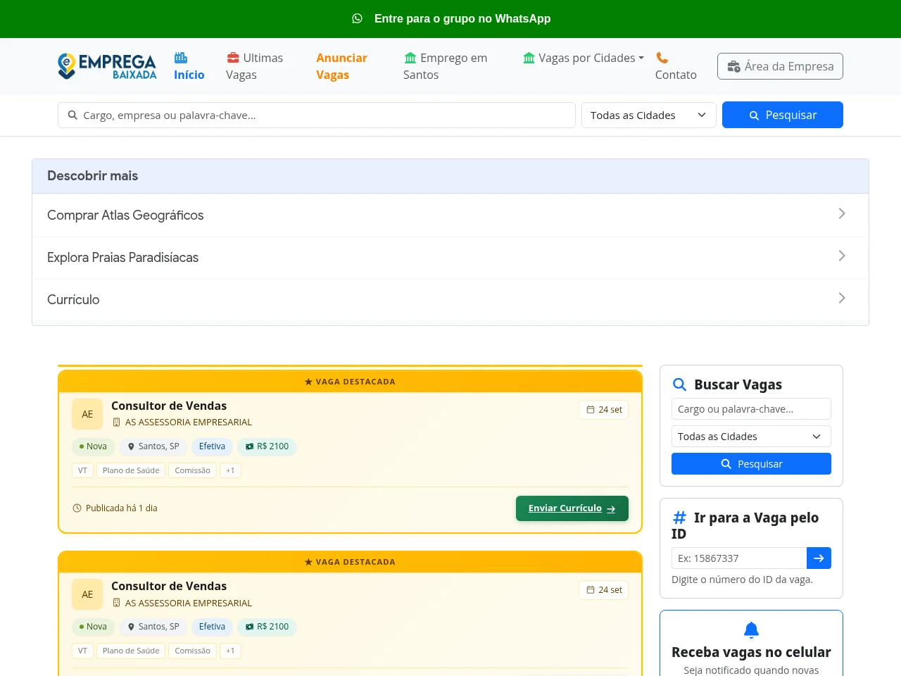 Emprega Baixada job board platform screenshot showing job search interface