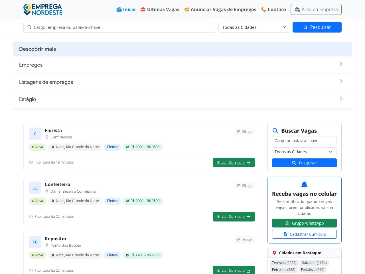 Emprega Nordeste job board platform screenshot showing job search interface