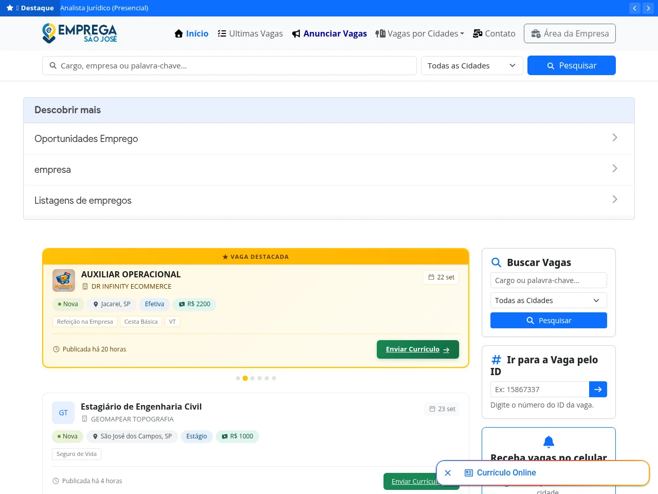 Emprega São José job board platform screenshot showing job search interface
