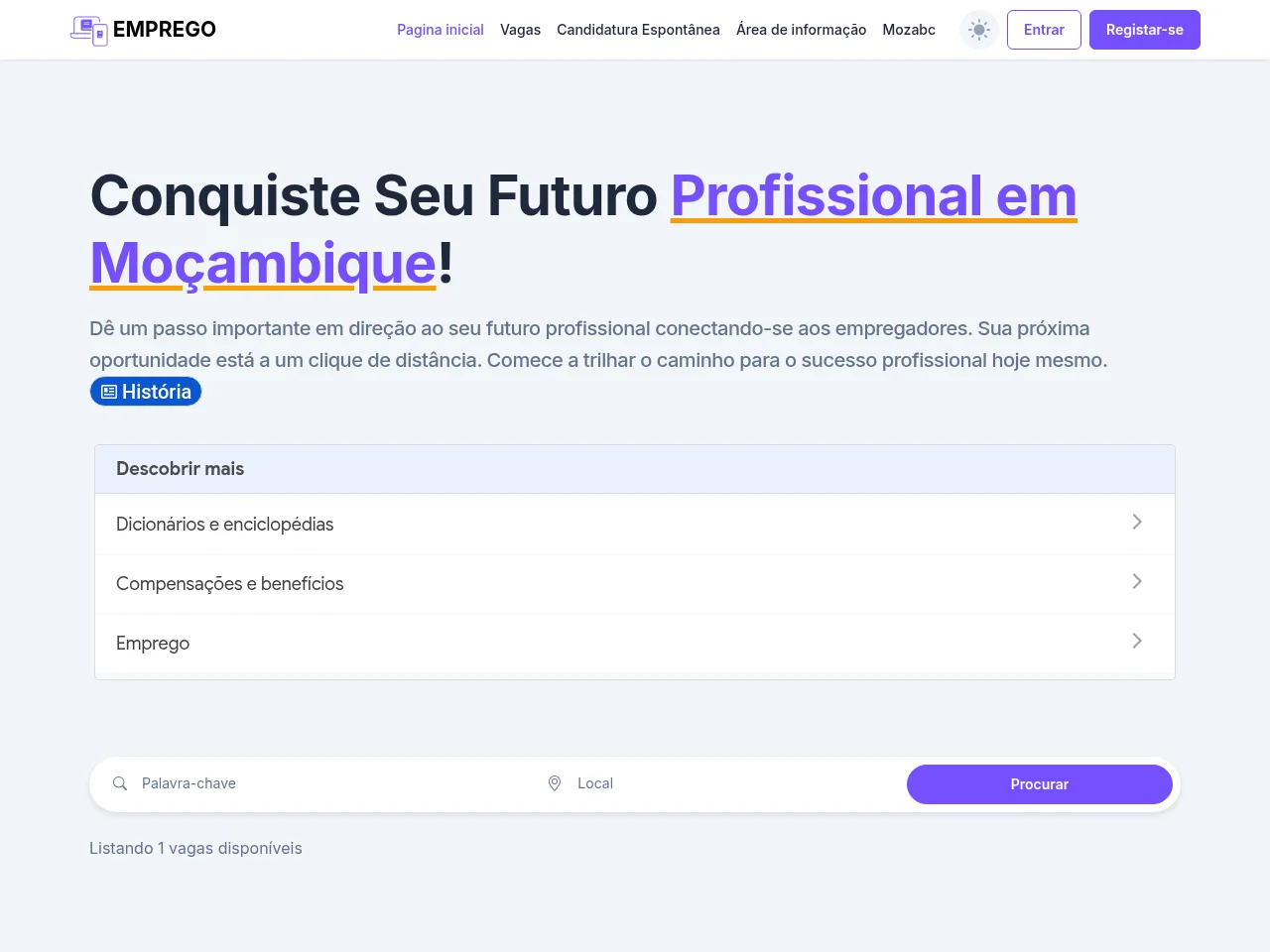 Emprego Mozabc job board platform screenshot showing job search interface