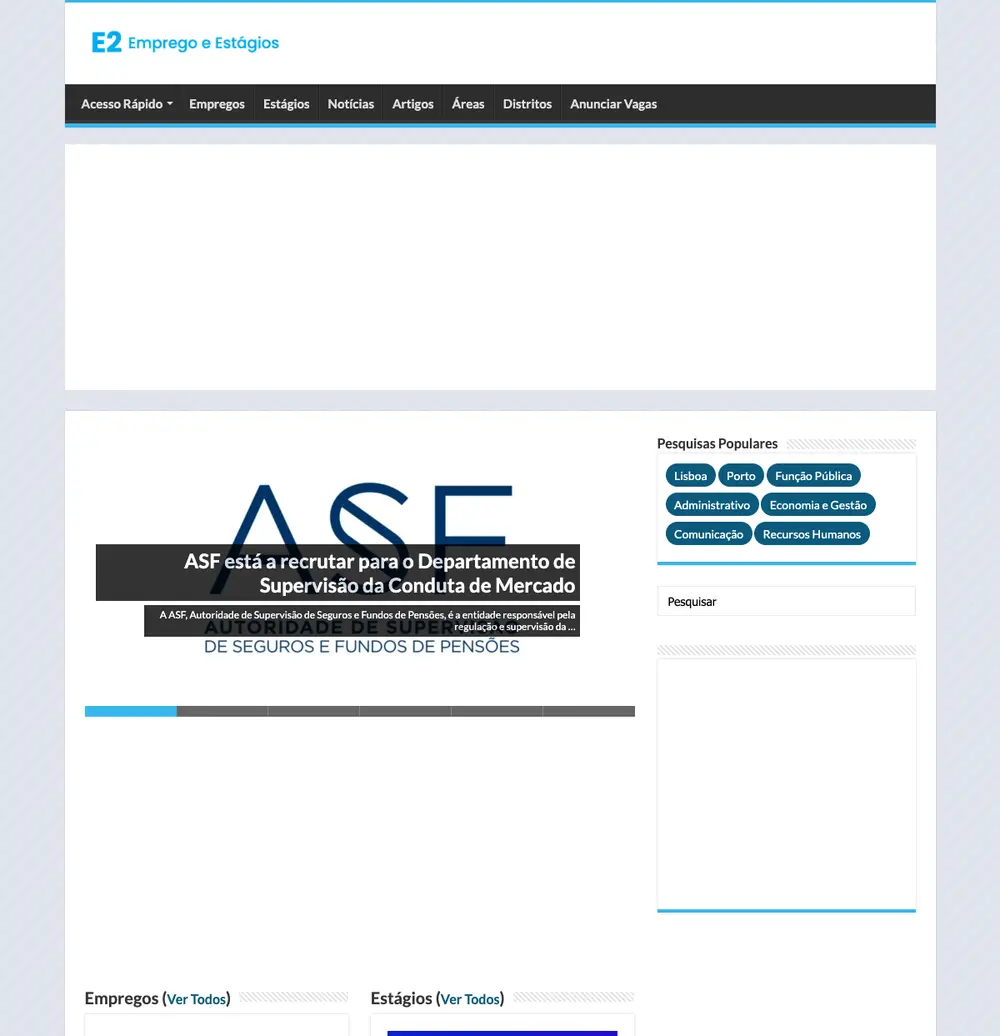 E2 Emprego e Estágios job board platform screenshot showing job search interface