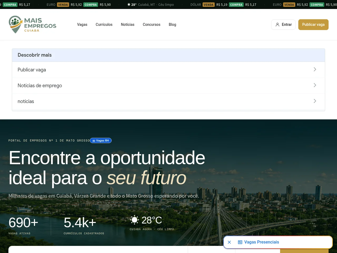Empregos Cuiabá job board platform screenshot showing job search interface