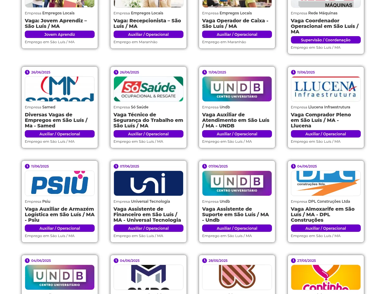 Empregos Locais job board platform screenshot showing job search interface