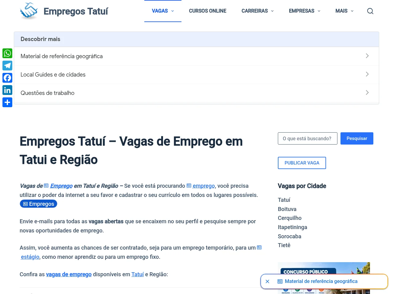 Empregos Tatuí job board platform screenshot showing job search interface