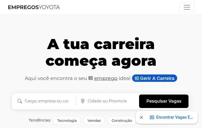 Empregos Yoyota job board platform screenshot showing job search interface
