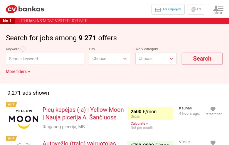 CVbankas.lt screenshot CVbankas.lt job board platform screenshot showing job search interface