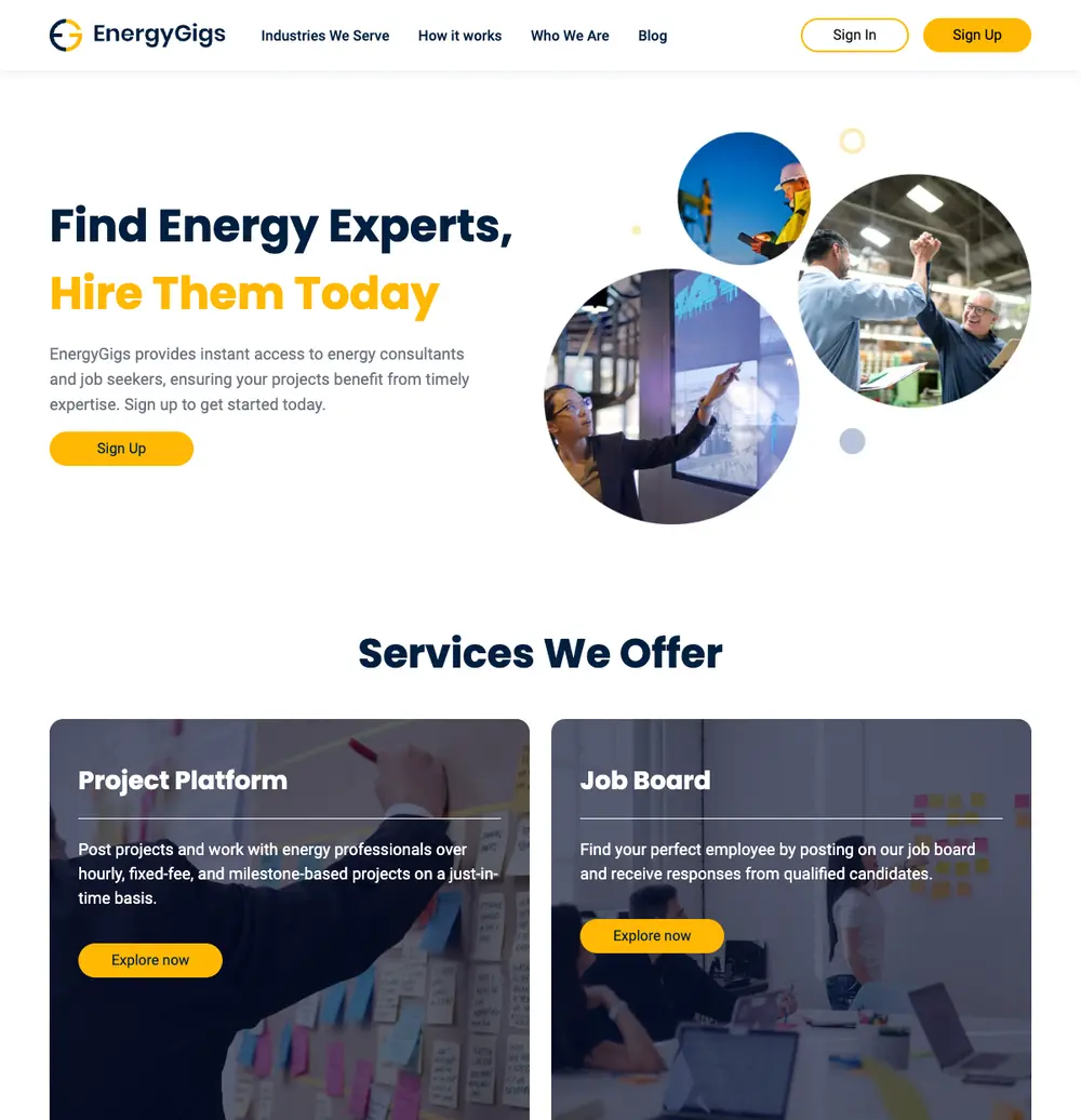 EnergyGigs job board platform screenshot showing job search interface