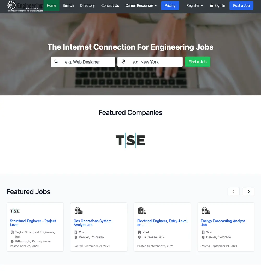 Engineering Central job board platform screenshot showing job search interface