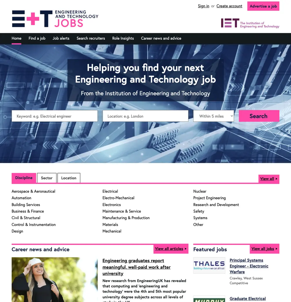 IET Engineering and Technology Jobs job board platform screenshot showing job search interface